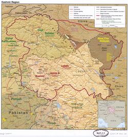 A map showing Indian-administered Ladakh (shaded in tan) in the disputed Kashmir region[1]
