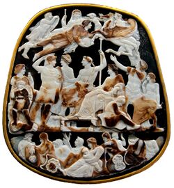 Sardonyx cameo depicting Augustus as a god flying above Emperor Tiberius and his family